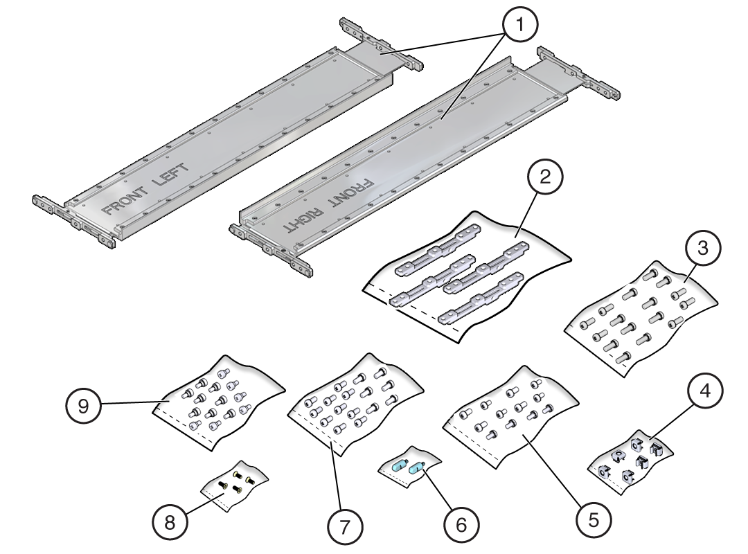 image:Graphic showing components of the rackmount kit.
