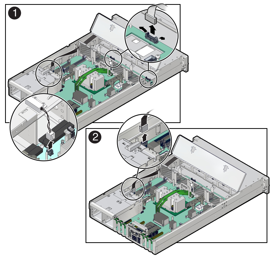 image:Figure showing how to remove the motherboard, focusing on                             disconnecting cables.