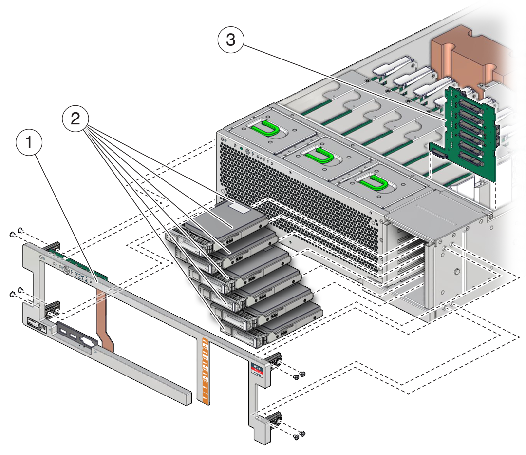 image:Exploded view showing the server's I/O and storage components.