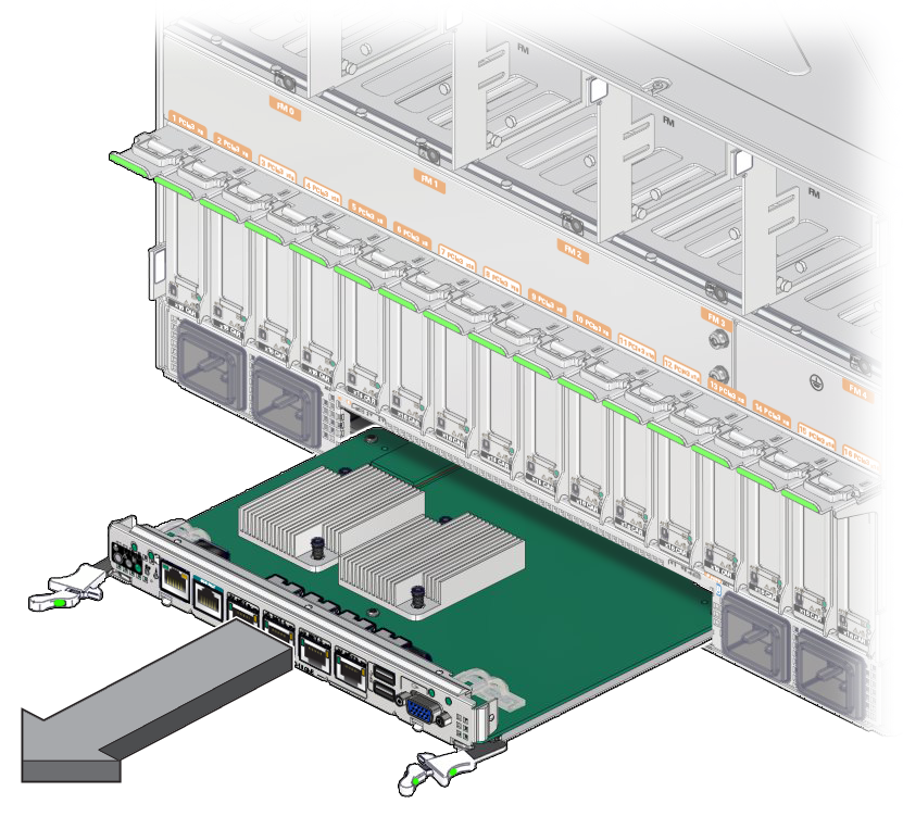 image:Graphic showing how to release the rear I/O module from the                             server.