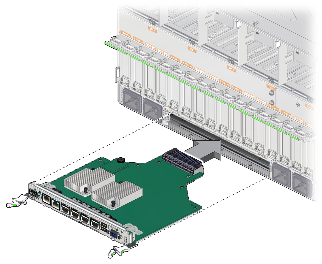 image:Graphic showing how to remove the rear I/O module from the                             server.