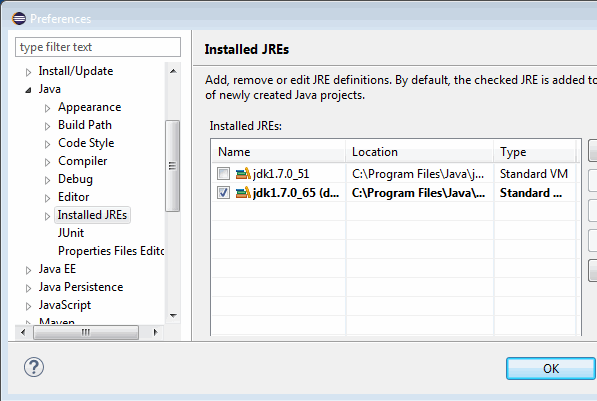 Installed JREs window screenshot with correct JRE selected