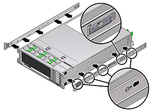 image:Graphic showing mounting bracket aligned with server chassis                             locating pins.