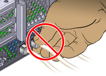 image:Hand removing RJ-45 cable incorrectly, grasping from the                                     side with fingers above and below the plug and pulling                                     upward.