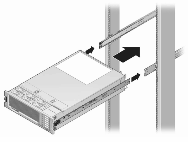 image:Graphic showing how to insert the chassis mounting bracets onto the                         slide rails