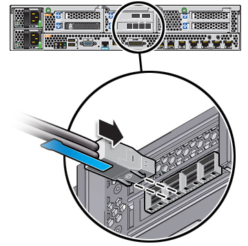 image:This graphic shows Attaching a Mini-SAS Cable to a Horizontally                             Oriented HBA