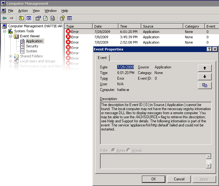 image:Viewing the Application log and the properties dialog for an error event                   using the Microsoft Management Console