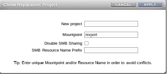 image:Clone Replication Project screen including SMB related 									fields