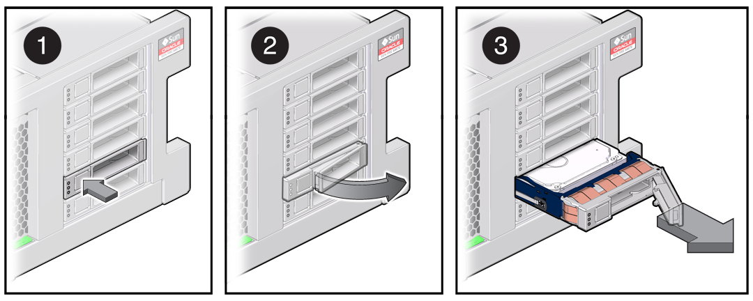 image:A multi-step illustration showing how to remove a storage drive                                 from the server.