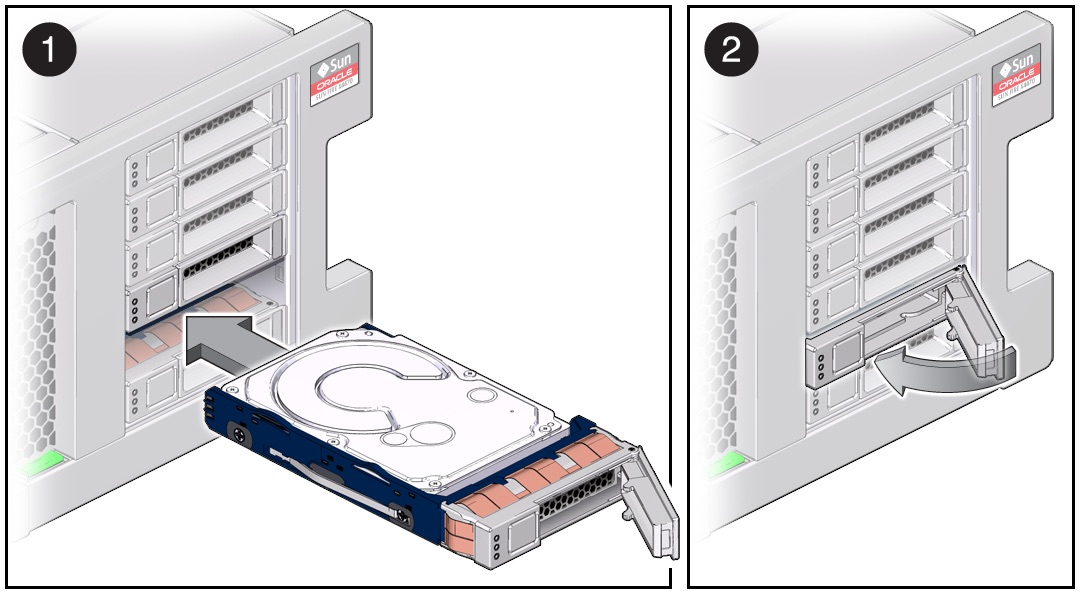 image:A multi-step illustration showing how to install a storage                                 drive in the server.