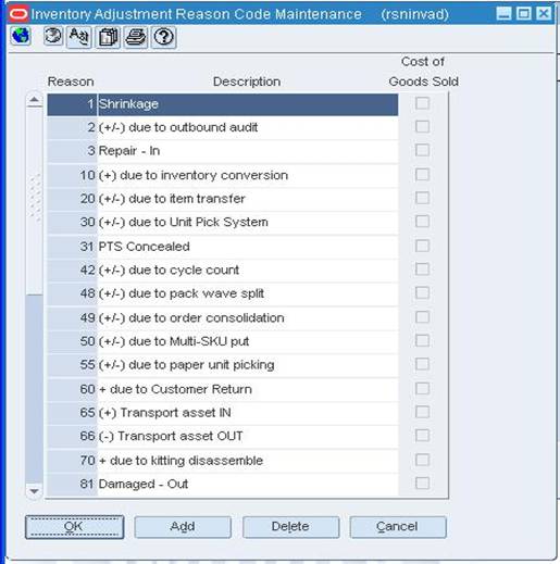 Inventory Adjustment Reason Code Maintenance Window