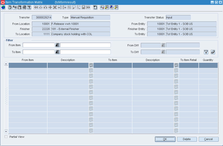 Item Transformation Matrix Window