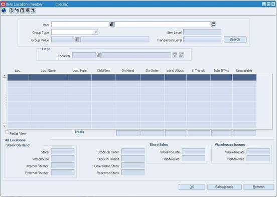 Item Location Inventory Window