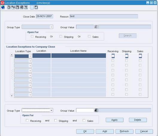 Location Exceptions Window