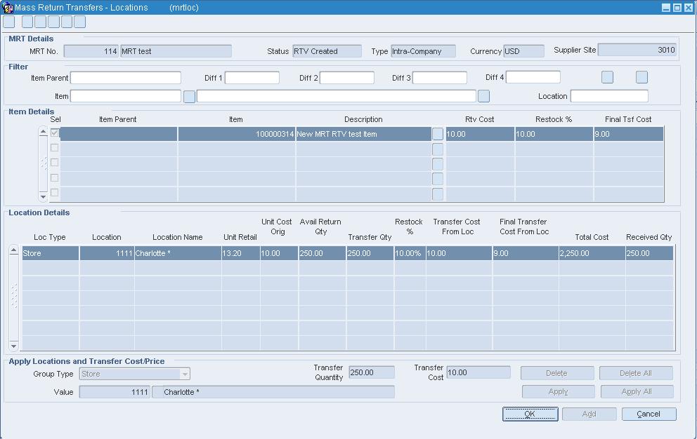 Mass Return Transfers - Location Window