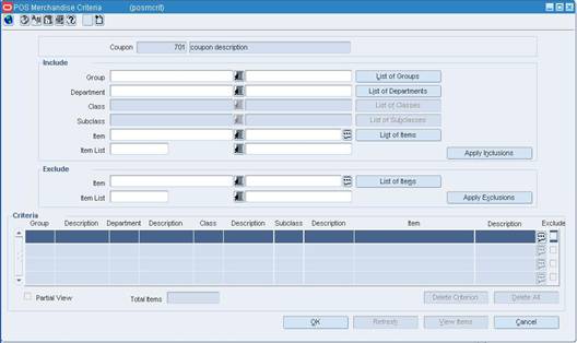 POS Merchandise Criteria Window
