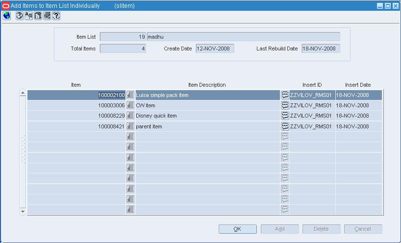 Add Items to Item List Individually window
