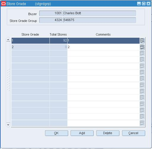 Store Grade Group window