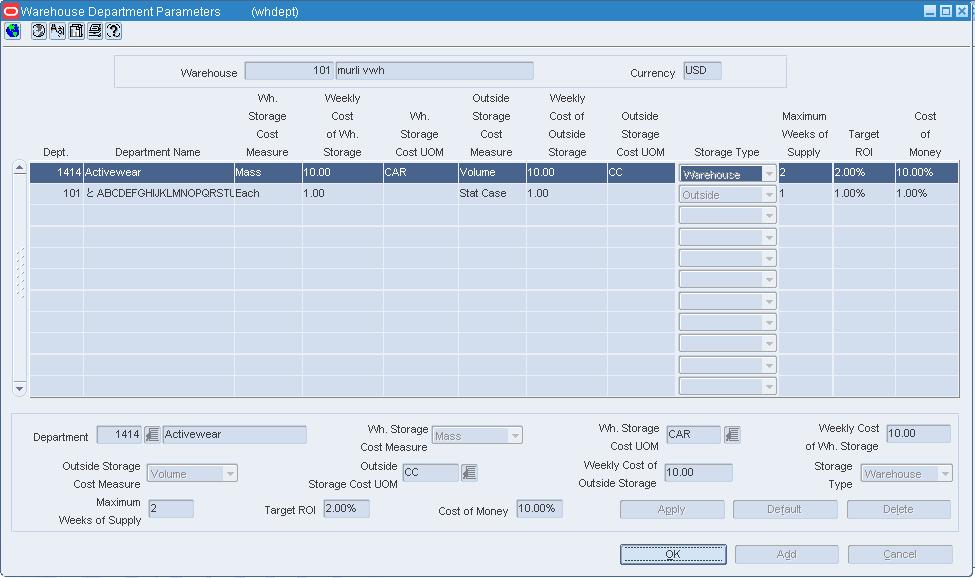 Warehouse Department Parameters window