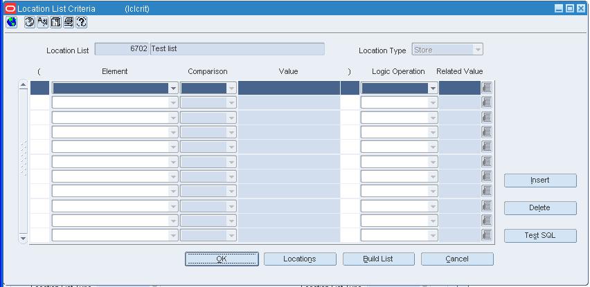 Location List Criteria window