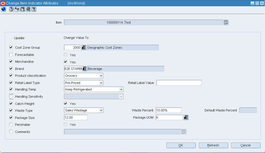 Change Item Indicator Attributes Window