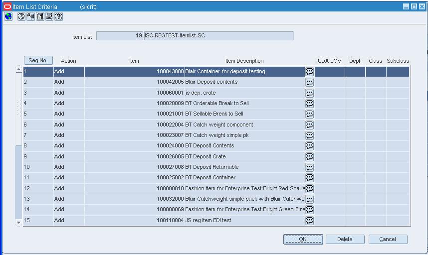Item List Criteria window