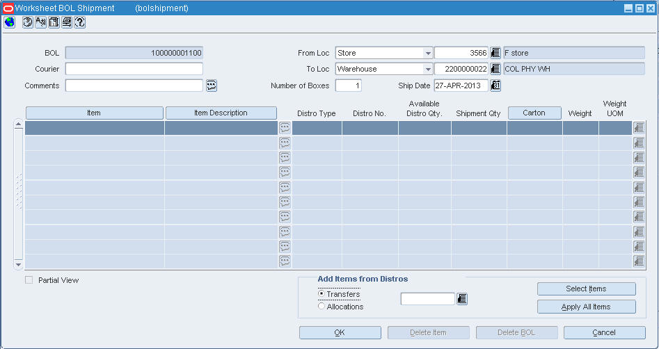 Worksheet BOL Shipment window