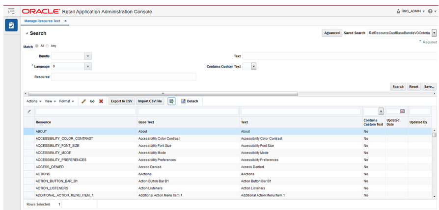 Manage Resource text screen
