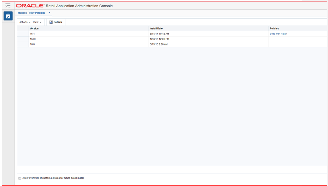 Manage Policy Patching Screen Patch History View