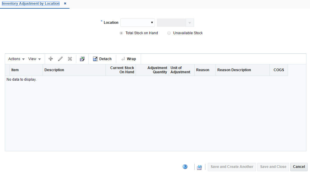 Inventory Adjustment by Location window