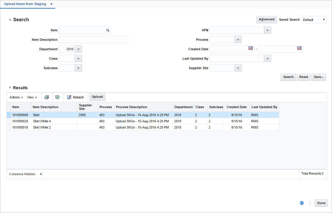 Upload Items from Staging window