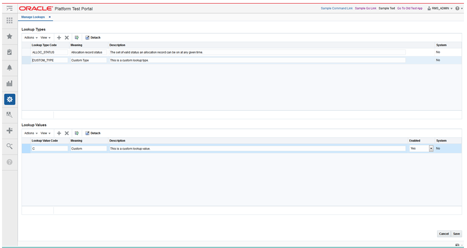 Manage Lookups Screen (After clicking a different Lookup Type)