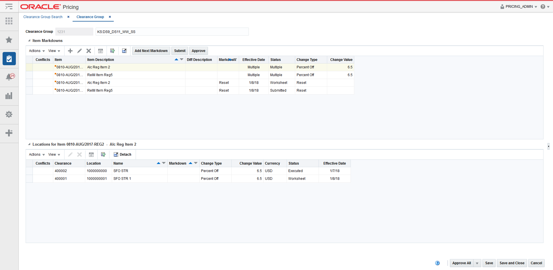 Clearance Group Maintenance tab