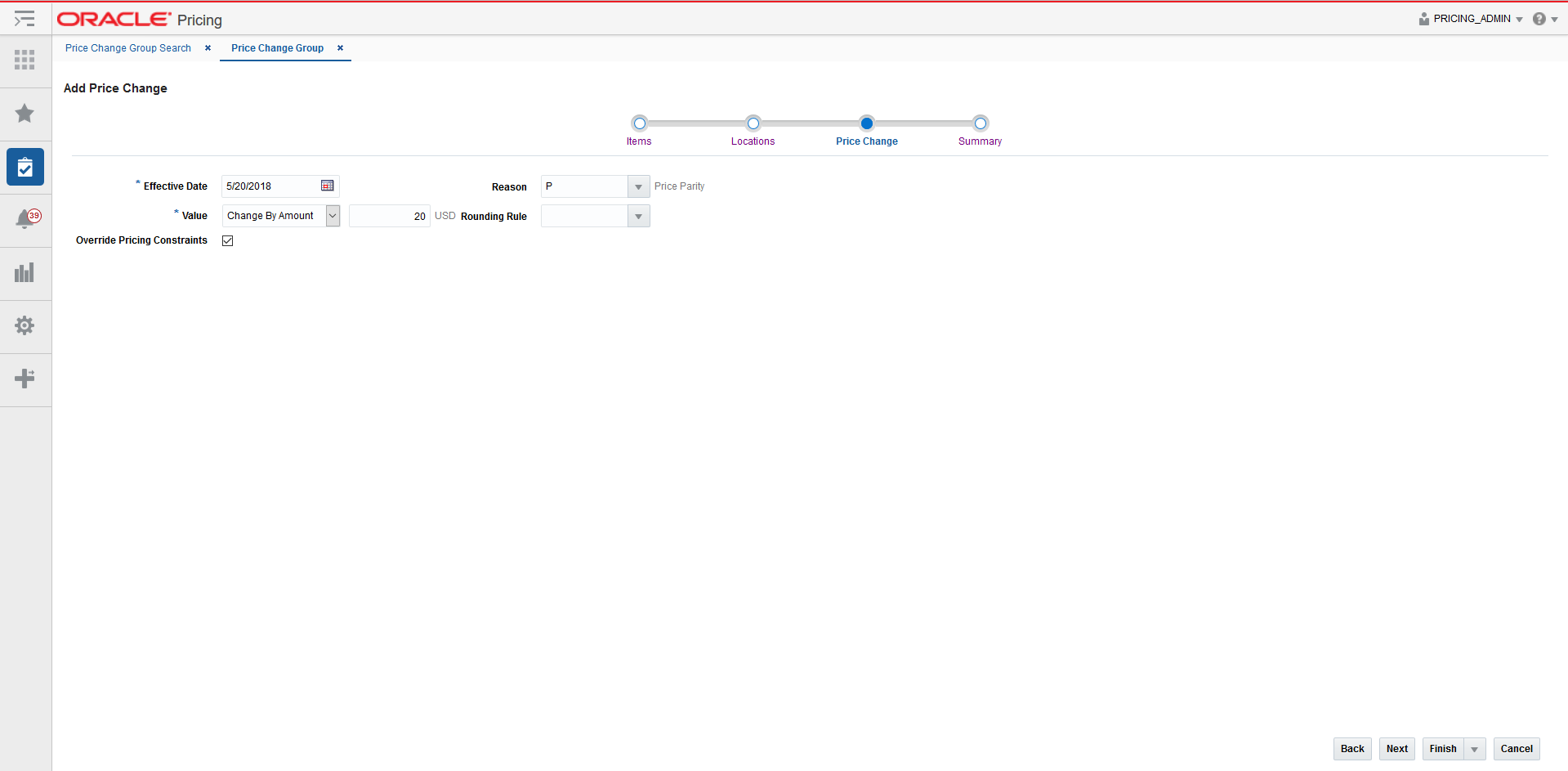 Add Price Change page