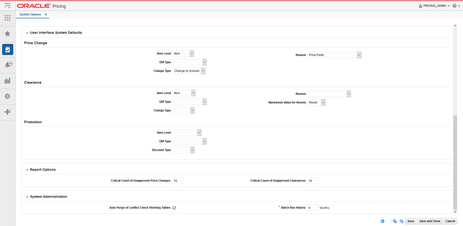 system options tab