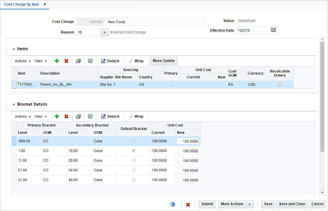 Cost Change by Item window