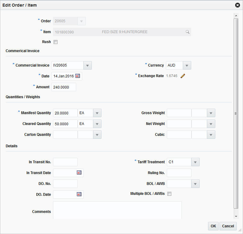 Edit Order/Item window