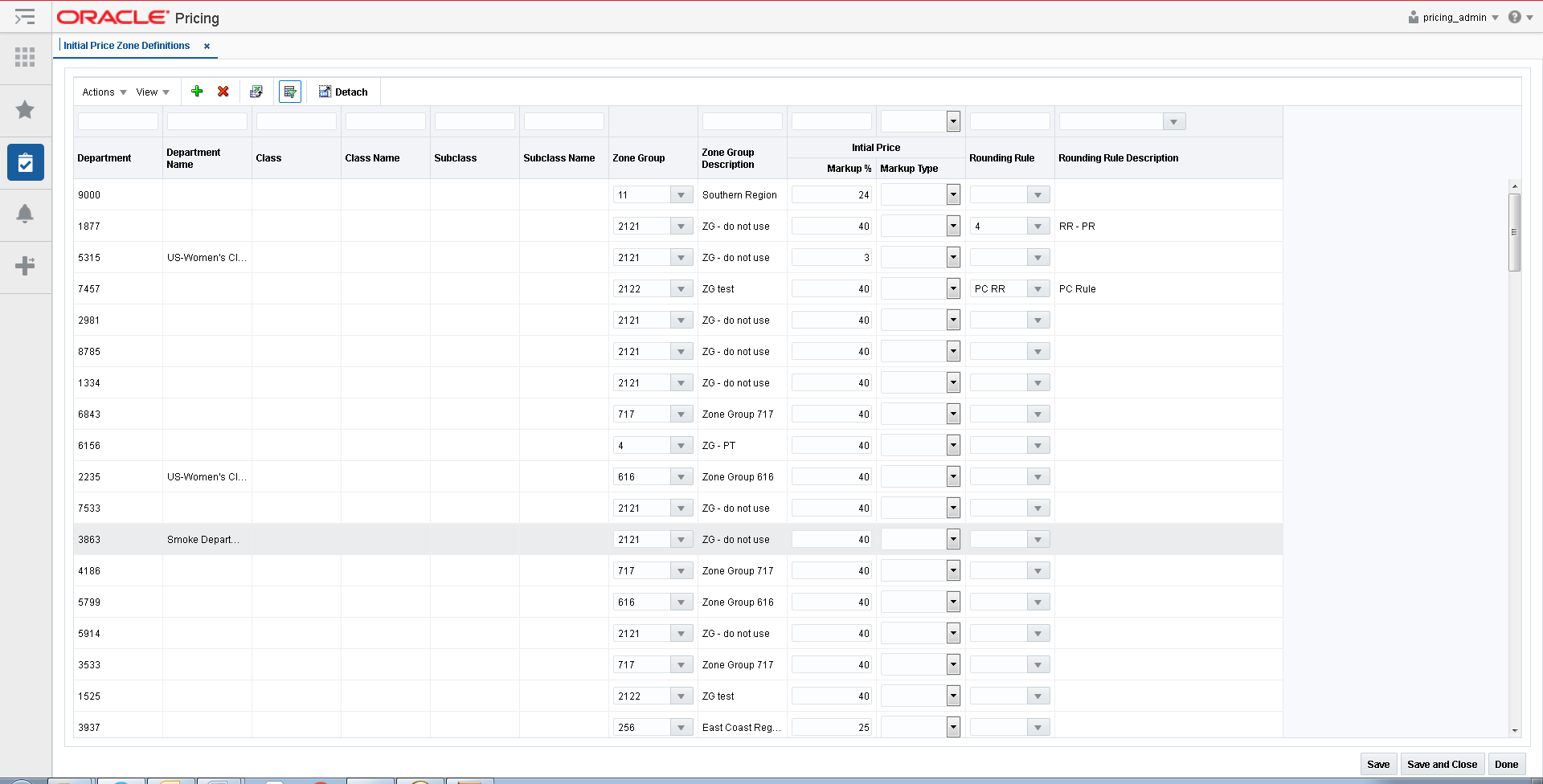 Initial Price Zone Definitions tab
