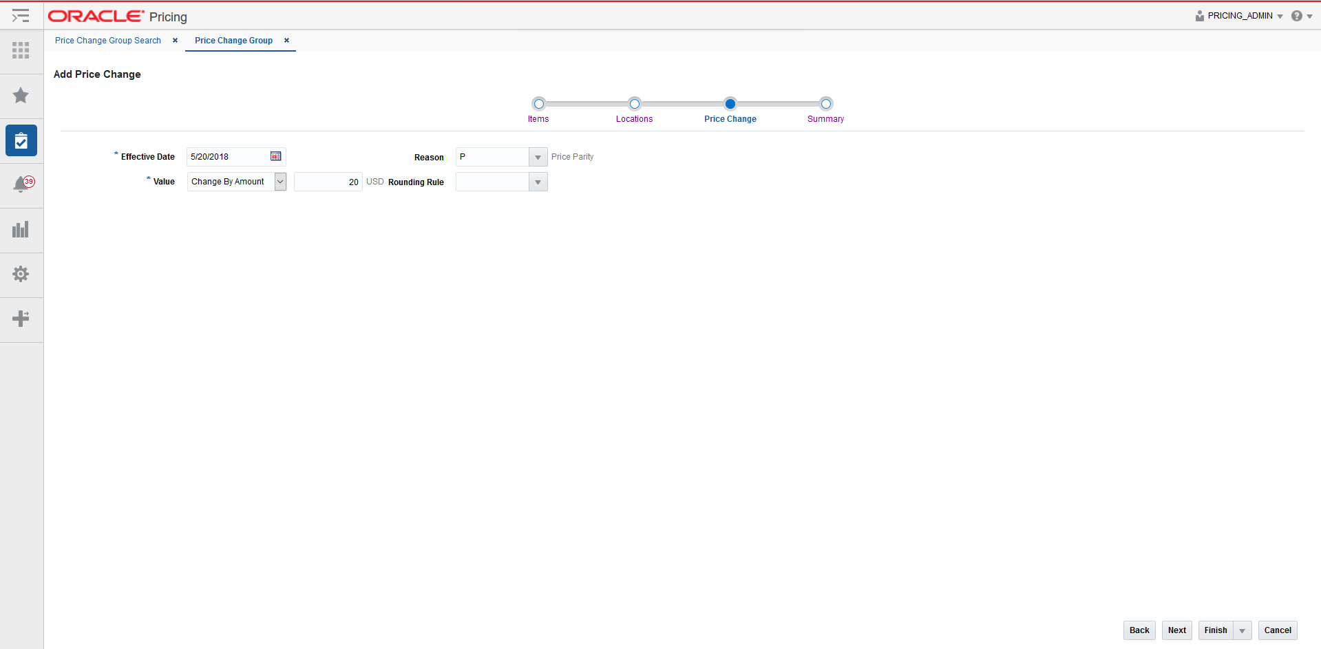 Add Price Change page