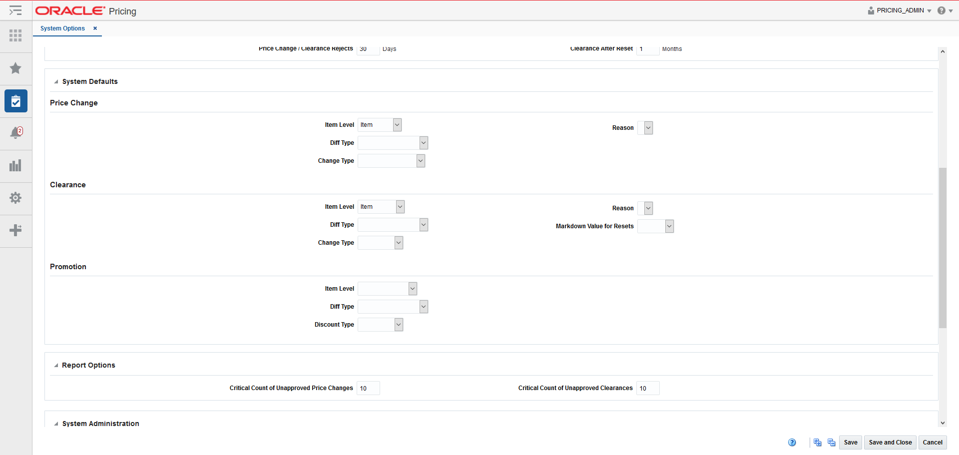 system options tab