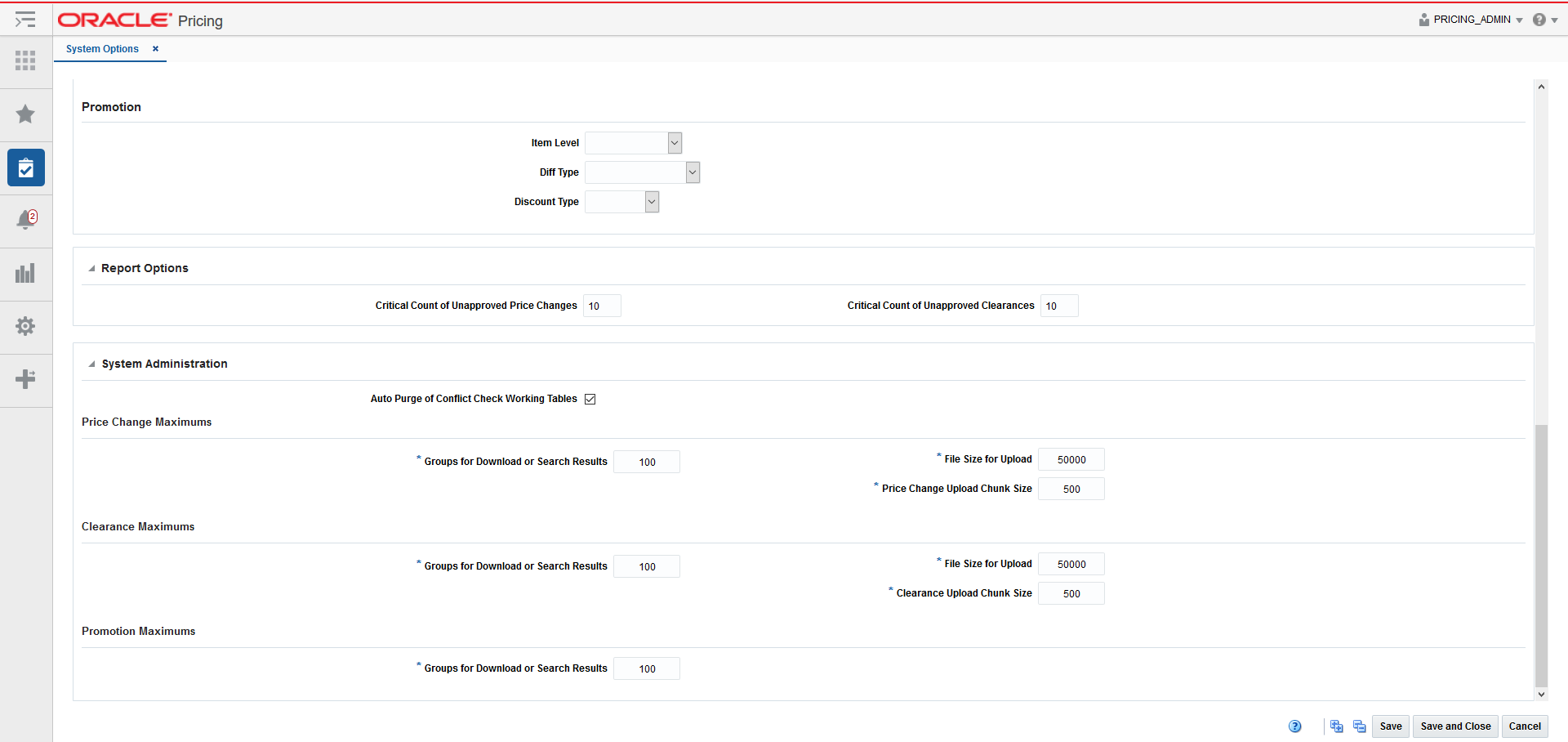 system options tab system administration container