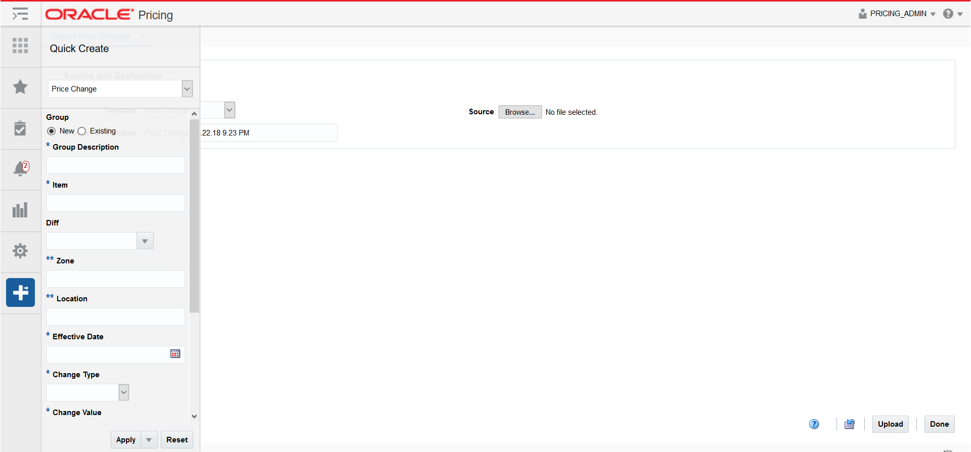 Quick Create pane