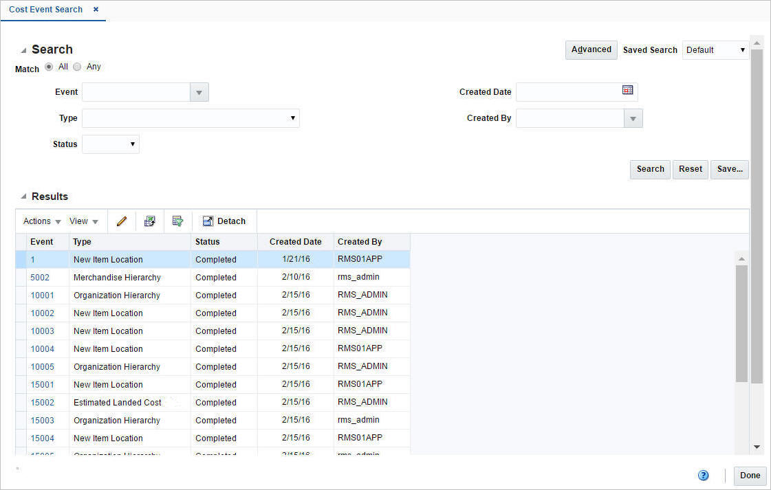 Cost Event Search window