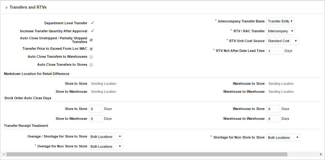 Transfers and RTVs section