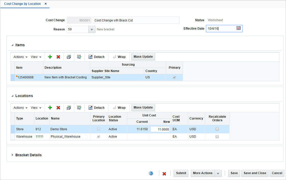 Cost Change by Location window