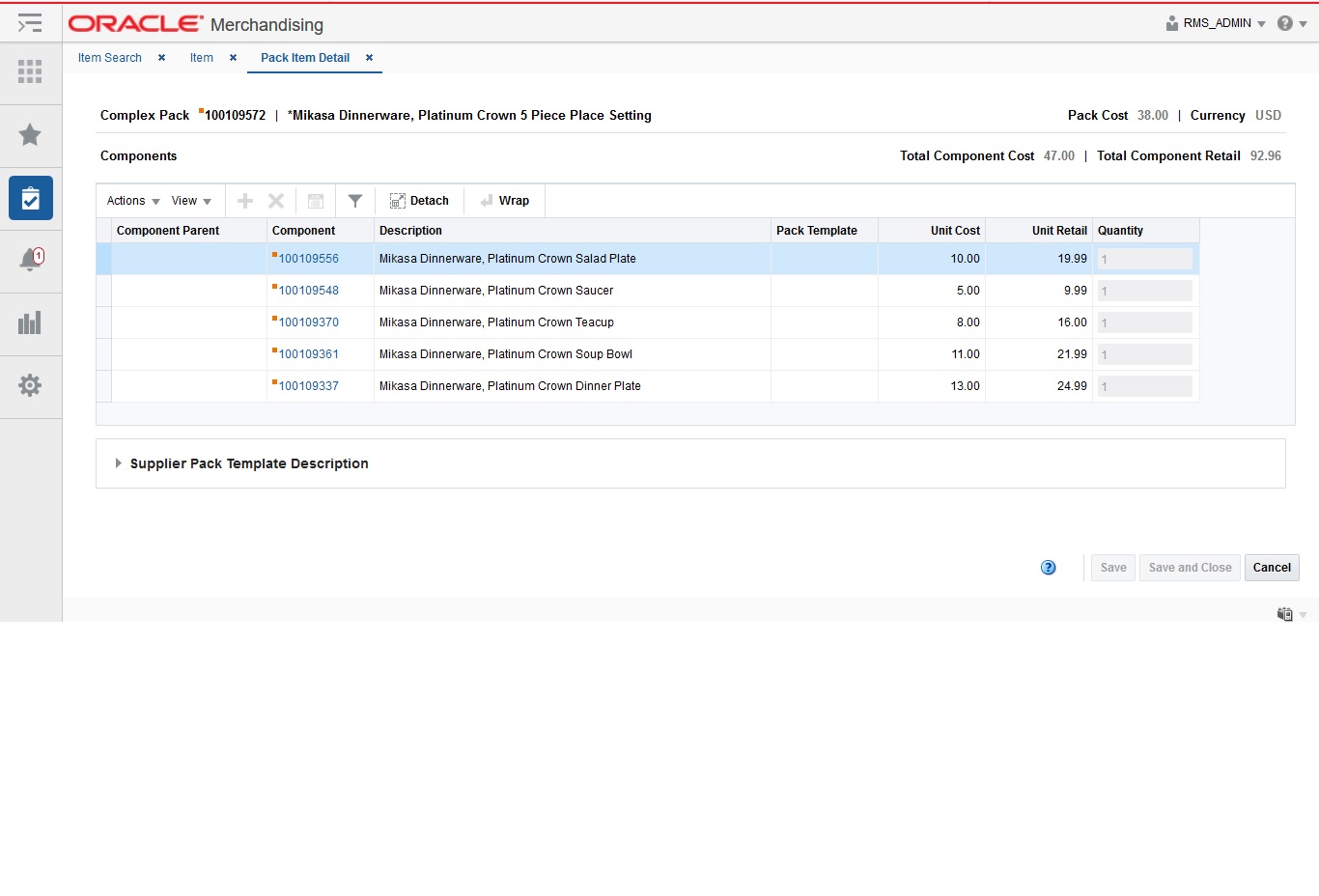 Pack Item Detail for a Complex Pack