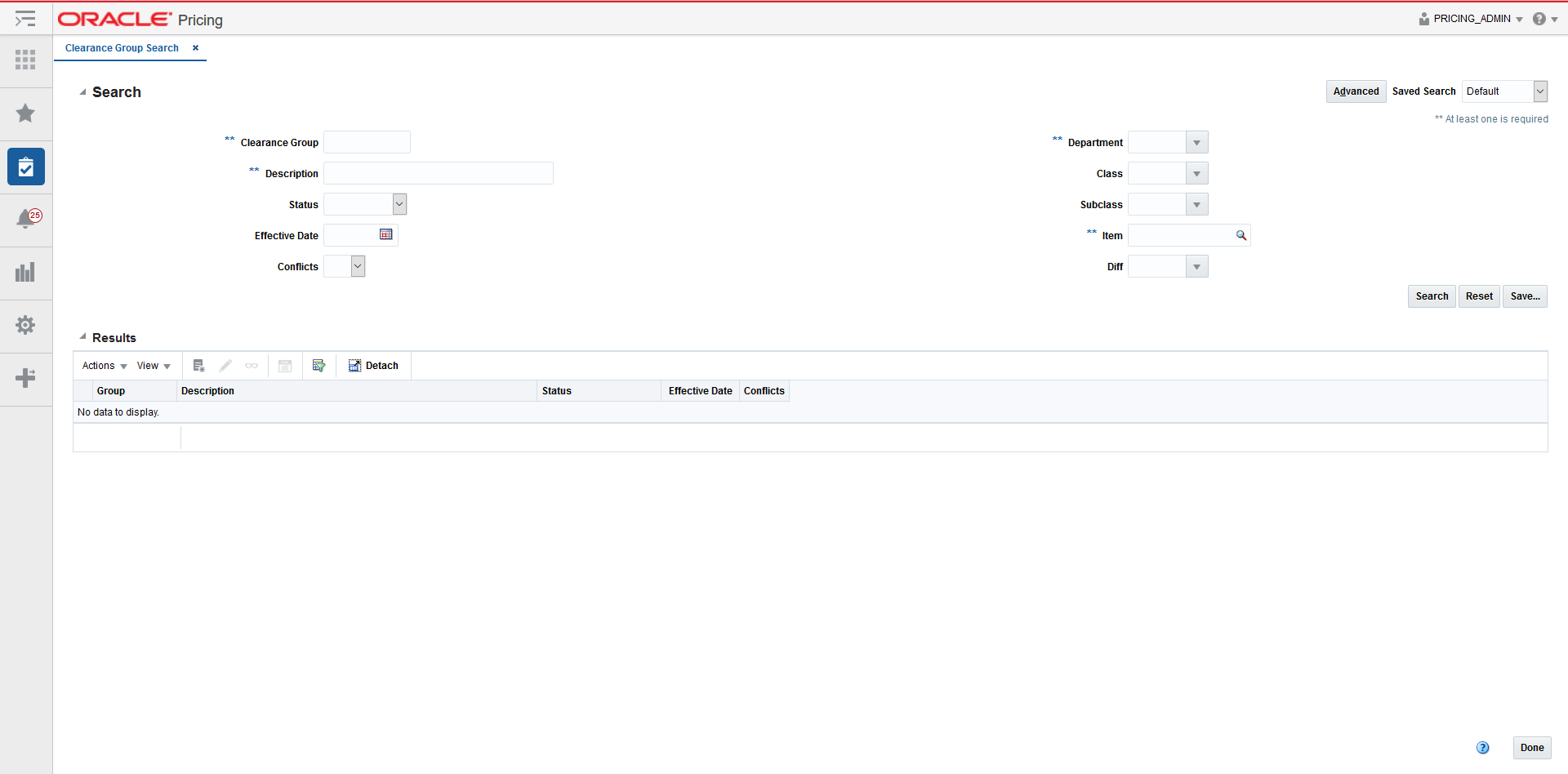 Clearance Group Search tab