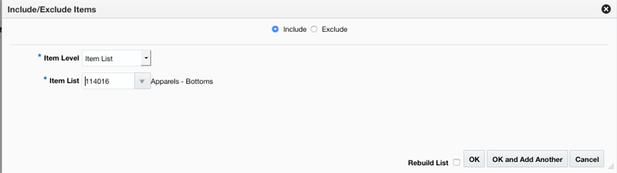 Include/Exclude Items Pop-up