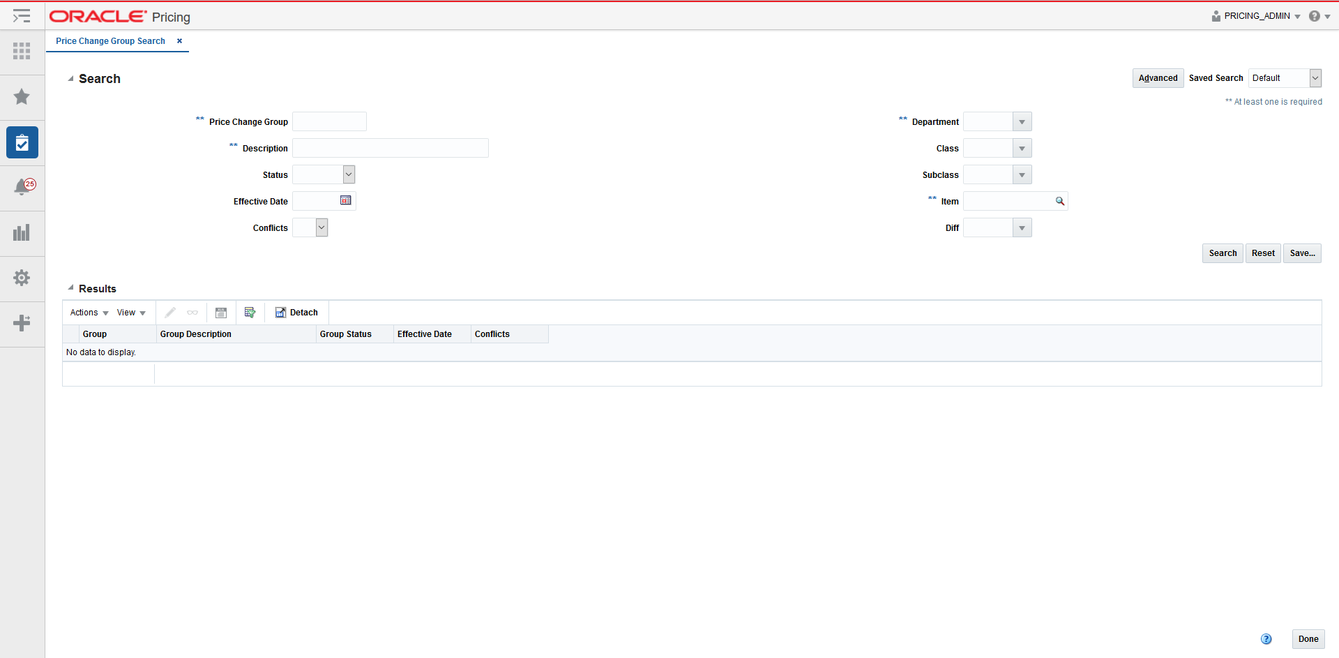 Price Change Group Search tab