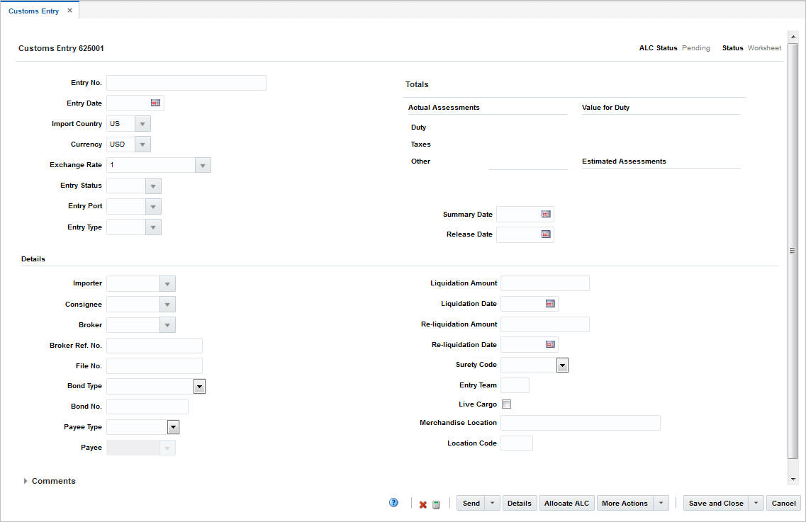 Customs Entry window
